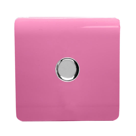 Trendi 1 Gang 2 Way 240V 150w LED Dimmer Screwless Raised Front Plate Plastic Artistic Modern Glossy 10 Amp Chrome Single Electrical Wall Light Switch in Candy Pink - ART-LDMPK