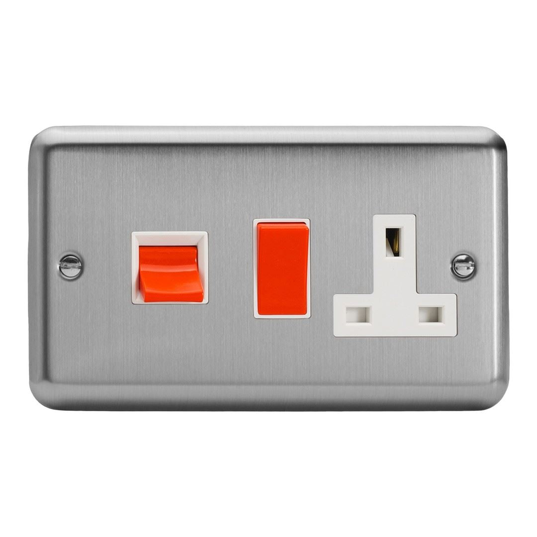 Varilight 45A Cooker Panel + 13A Switched Socket Matt Chrome with White Insert XS45PW