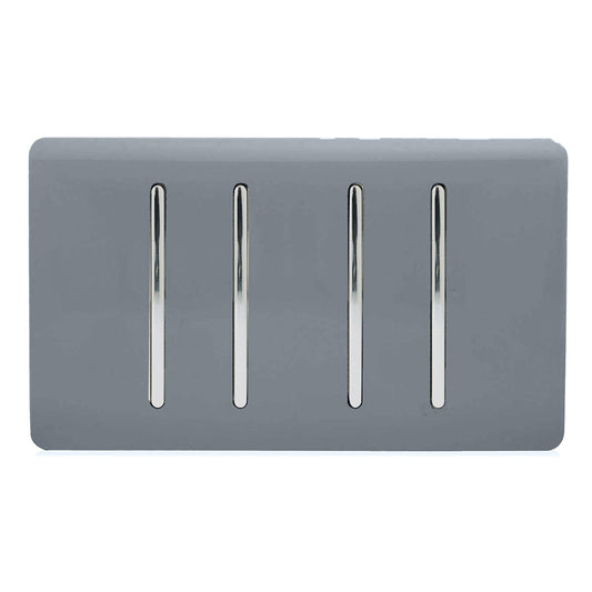Trendi 4 Gang 2 way 240V Screwless Raised Front Twin Plate Plastic Artistic Modern Glossy 10 Amp Chrome Rocker Quad Electrical Wall Light Switch in Warm Grey - ART-SS44WG