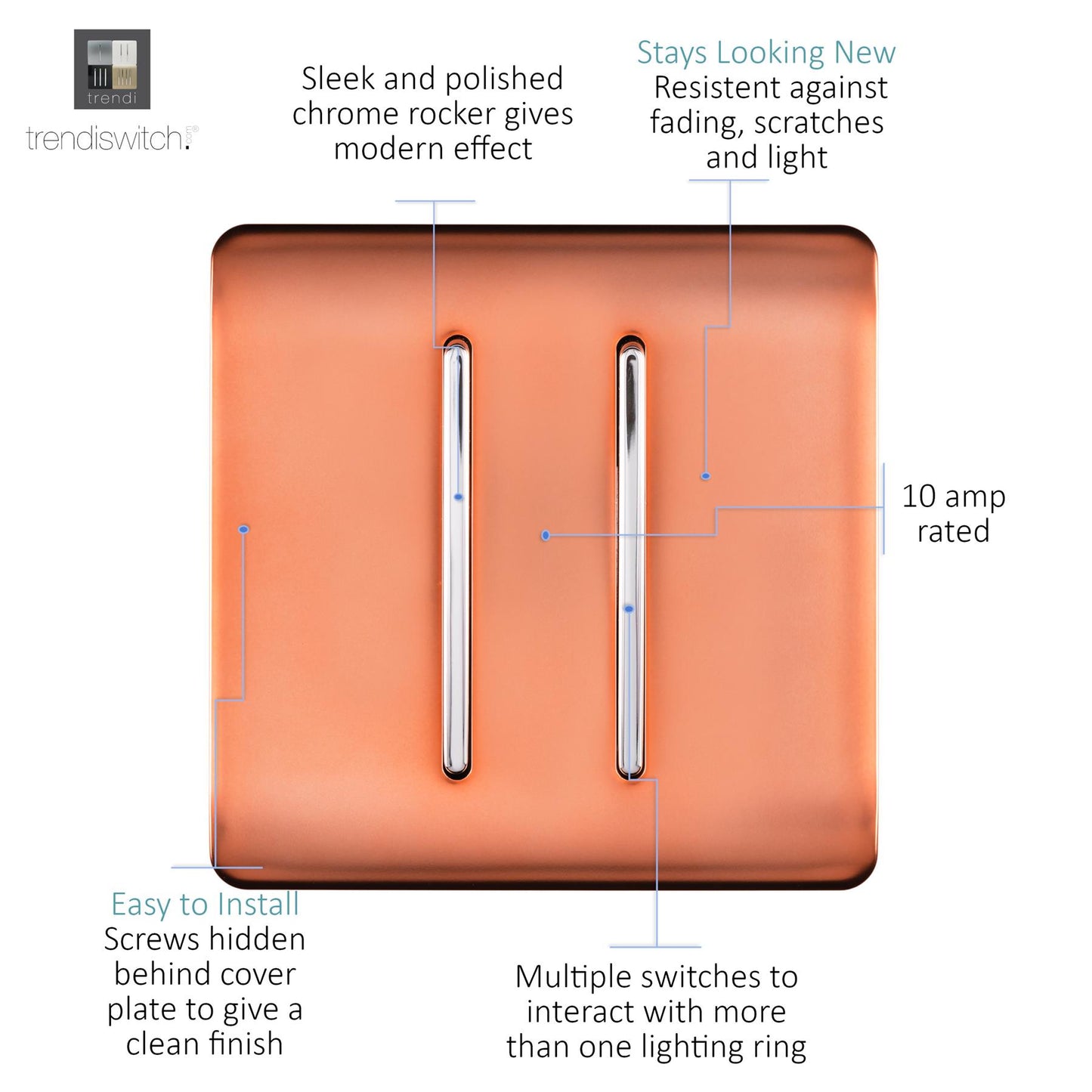 Trendi 2 Gang 3 way (Intermediate) 240V Screwless Raised Front Plate Plastic Artistic Modern Glossy 10 Amp Chrome Rocker Double Electrical Wall Light Switch in Copper