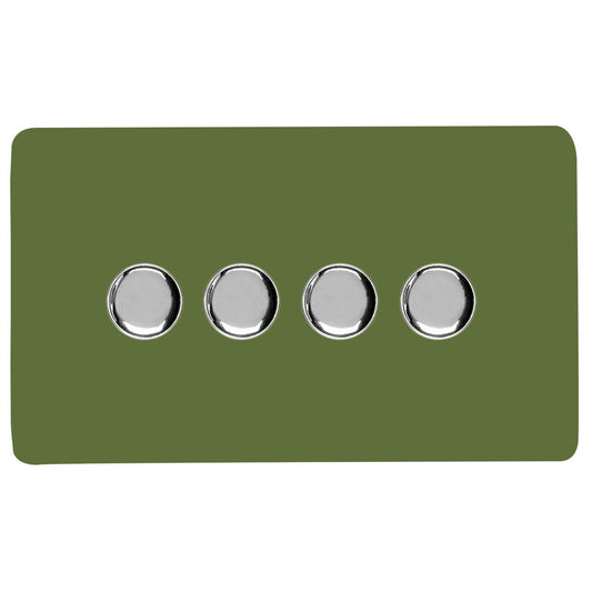 Trendi 4 Gang 2 Way 240V 100w LED Dimmer Screwless Raised Front Plate Plastic Artistic Modern Glossy 10 Amp Chrome Single Electrical Wall Light Switch in Moss Green - ART-4LDMMG