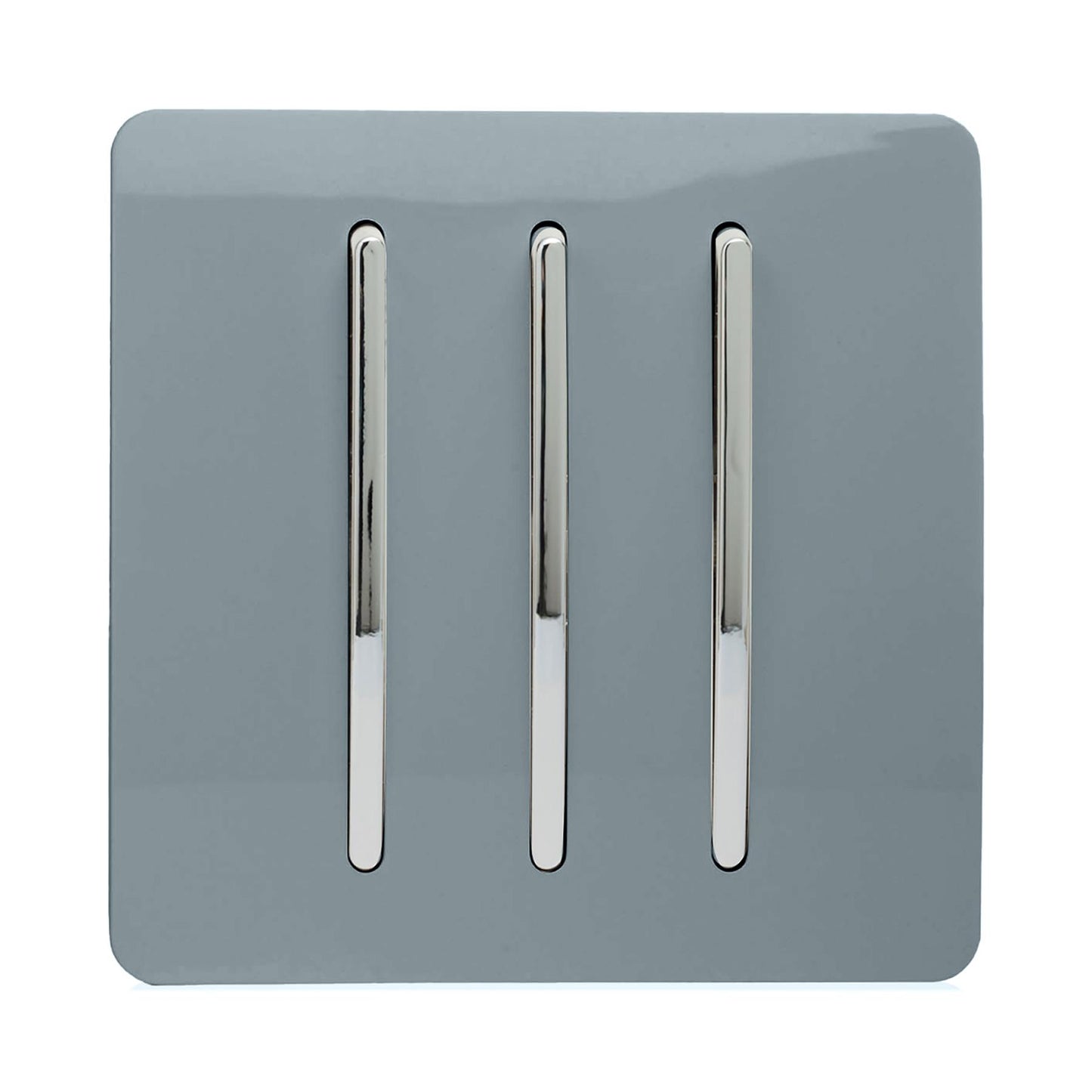 Trendi 3 Gang 2 way 240V Screwless Raised Front Plate Plastic Artistic Modern Glossy 10 Amp Chrome Rocker Triple Electrical Wall Light Switch in Cool Grey