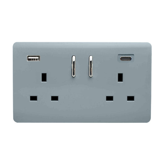 Trendi 2 Gang Artistic Modern Glossy 13 Amp 2 x Type A & C 3.1A USB Switched Plug Socket Cool Grey