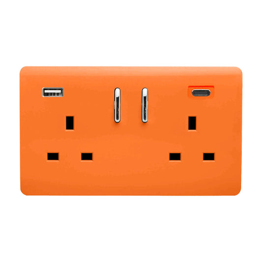 Trendi 2 Gang Artistic Modern Glossy 13 Amp 2 x Type A & C 3.1A USB Switched Plug Socket Sunset Orange