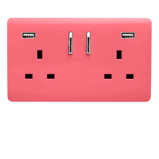 Trendi 2 Gang Artistic Modern Glossy 13 Amp 2 x 3.1mA USB Switched Plug Socket Strawberry