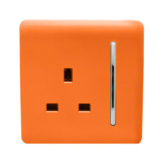 Trendi 1 Gang Raised Artistic Modern Glossy Screwless 13 Amp Single Pole with Chrome Switched UK Standard Electrical Double Wall Plug Socket in Sunset Orange in ART-SKT13OR