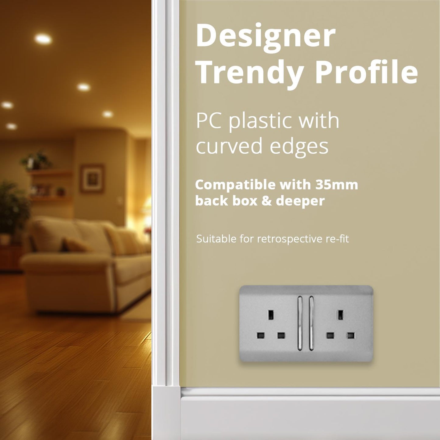 Trendi 2 Gang Artistic Modern Glossy 13 Amp Long Switched Tactile Plug Socket Stainless Steel