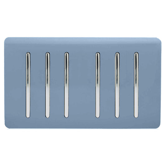 Trendi 6 Gang 2 way 240V Screwless Raised Front Twin Plate Plastic Artistic Modern Glossy 10 Amp Chrome Rocker Quad Electrical Wall Light Switch in Sky Blue- ART-SS66SK