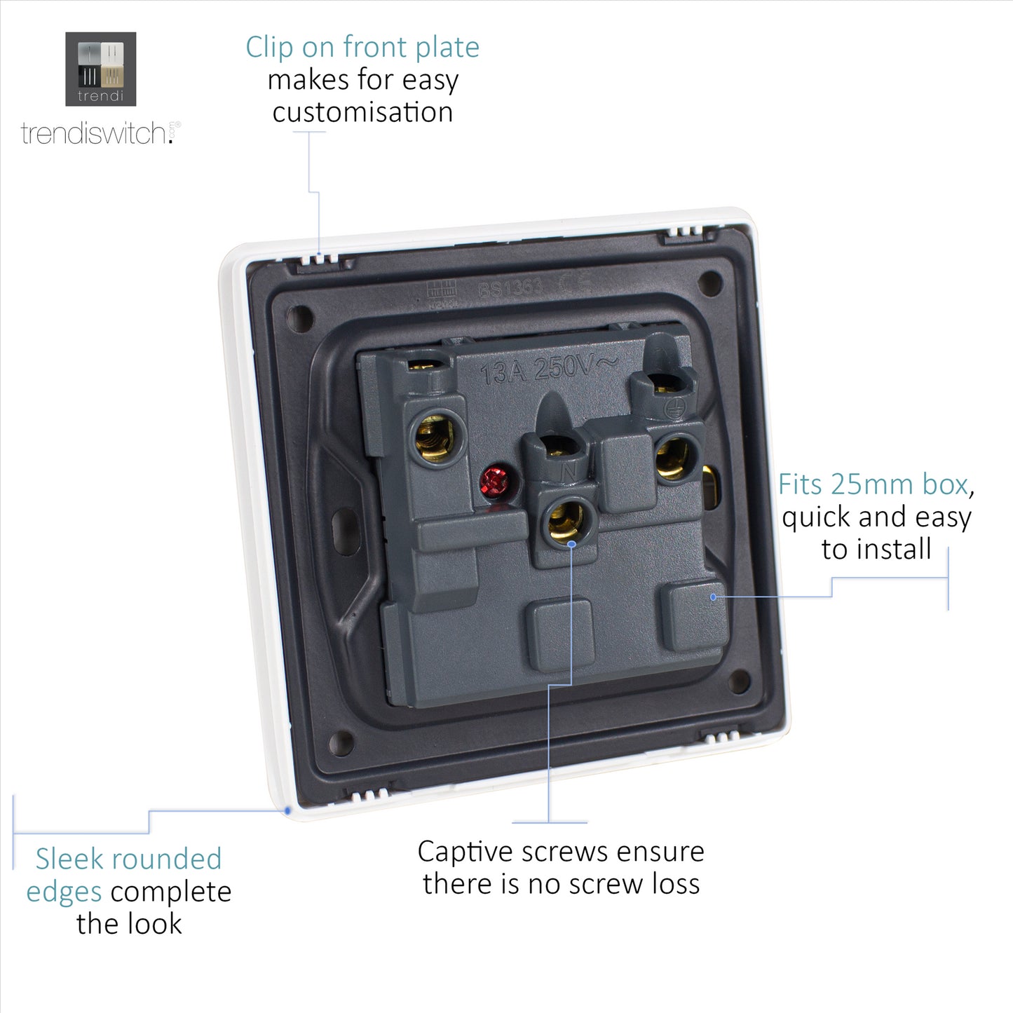 Trendi 1 Gang Artistic Modern Glossy 13 Amp Switched Tactile Plug Socket Cool Grey