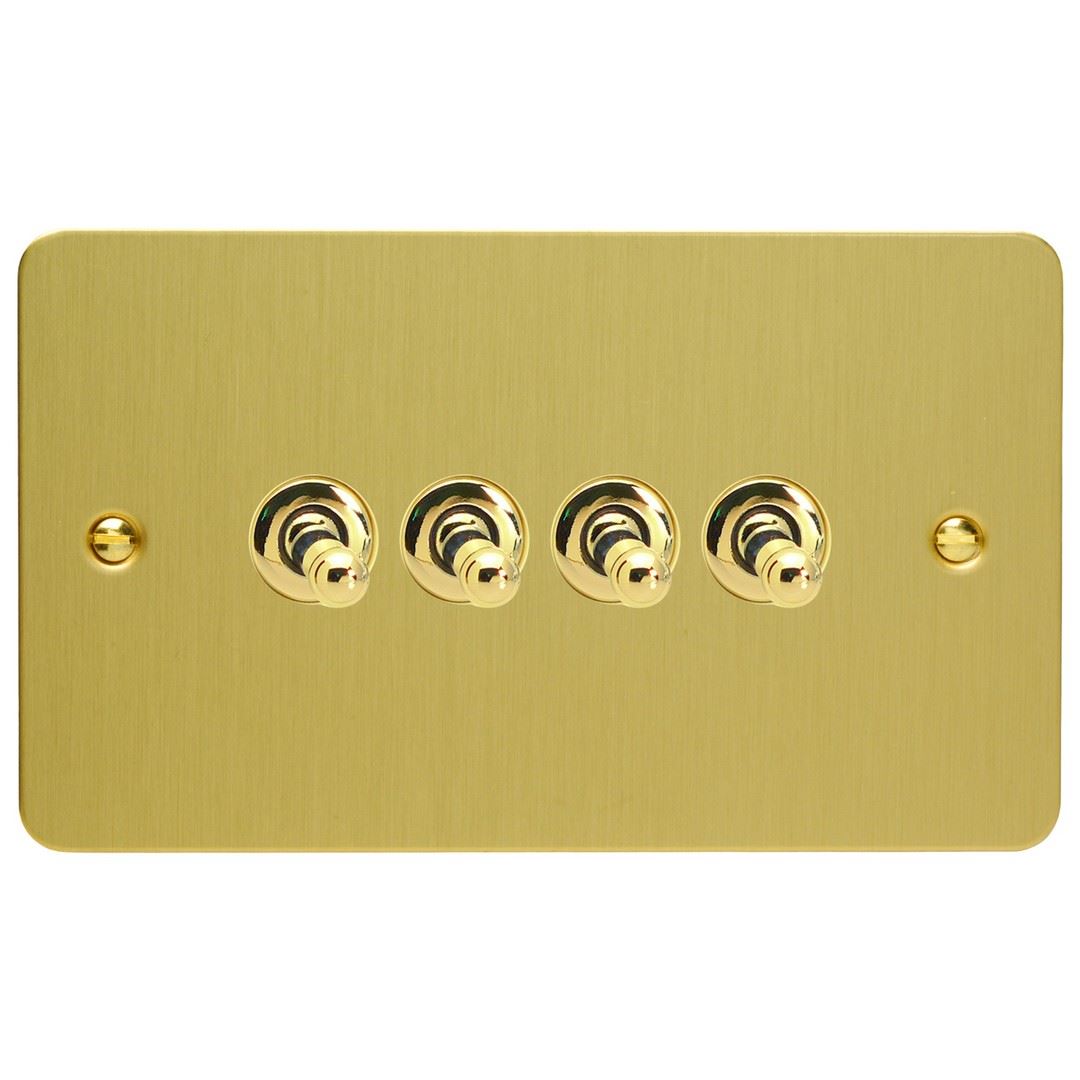 Varilight 4 Gang 10A 1 or 2 Way Dolly Toggle Light Switch Ultra Flat Brushed Brass XFBT9
