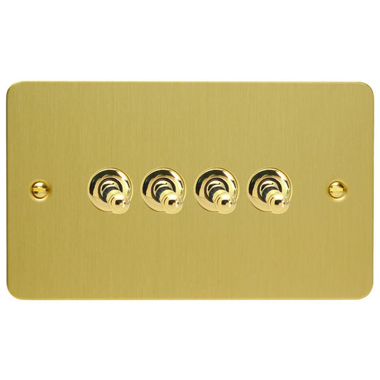 Varilight 4 Gang 10A 1 or 2 Way Dolly Toggle Light Switch Ultra Flat Brushed Brass XFBT9