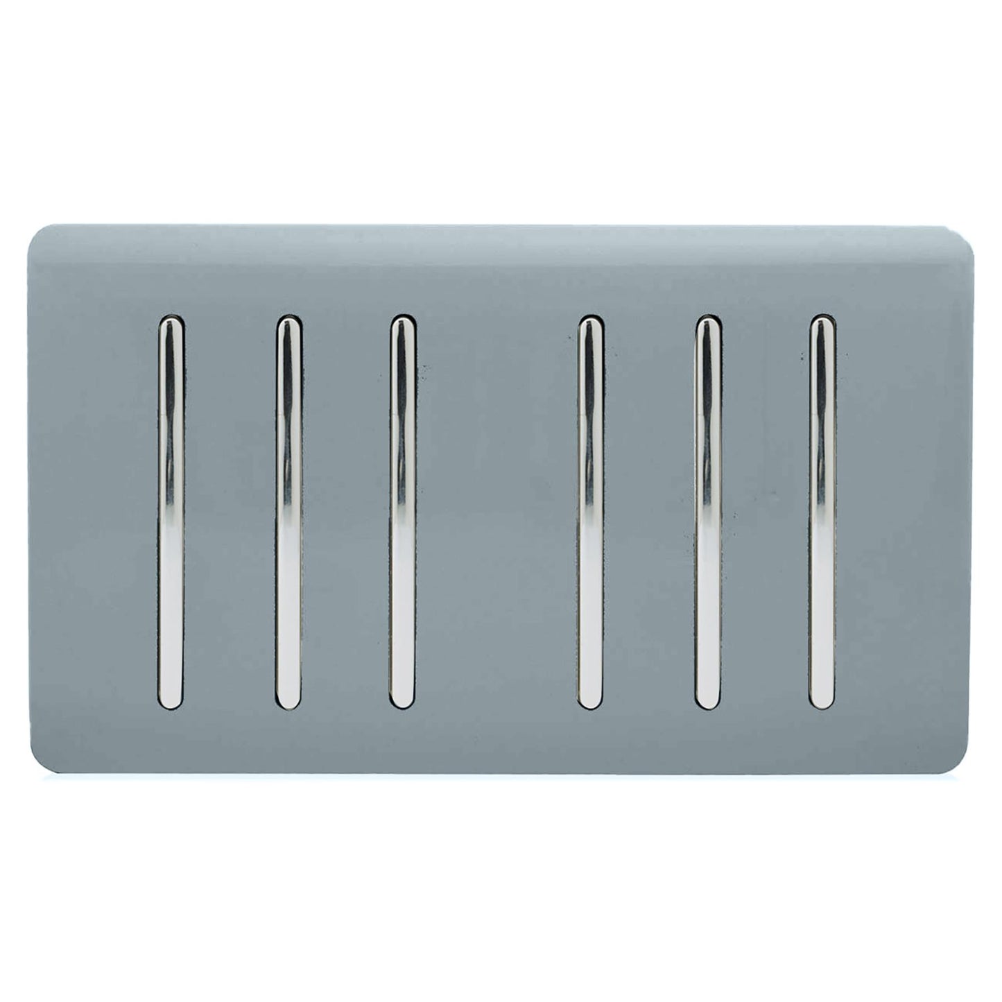 Trendi 6 Gang 2 way 240V Screwless Raised Front Twin Plate Plastic Artistic Modern Glossy 10 Amp Chrome Rocker Quad Electrical Wall Light Switch in Cool Grey - ART-SS66CG
