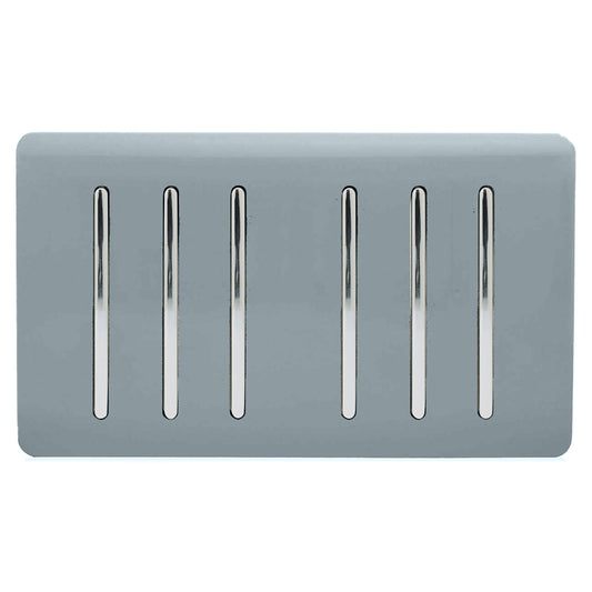 Trendi 6 Gang 2 way 240V Screwless Raised Front Twin Plate Plastic Artistic Modern Glossy 10 Amp Chrome Rocker Quad Electrical Wall Light Switch in Cool Grey - ART-SS66CG