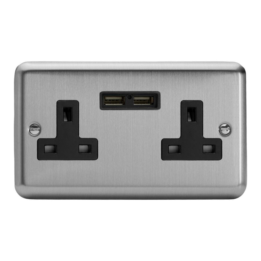 Varilight 2 Gang 13 Amp Un-Switched Electrical USB Double Plug Socket Brushed Matt Chrome with Black Insert - XS5U2B