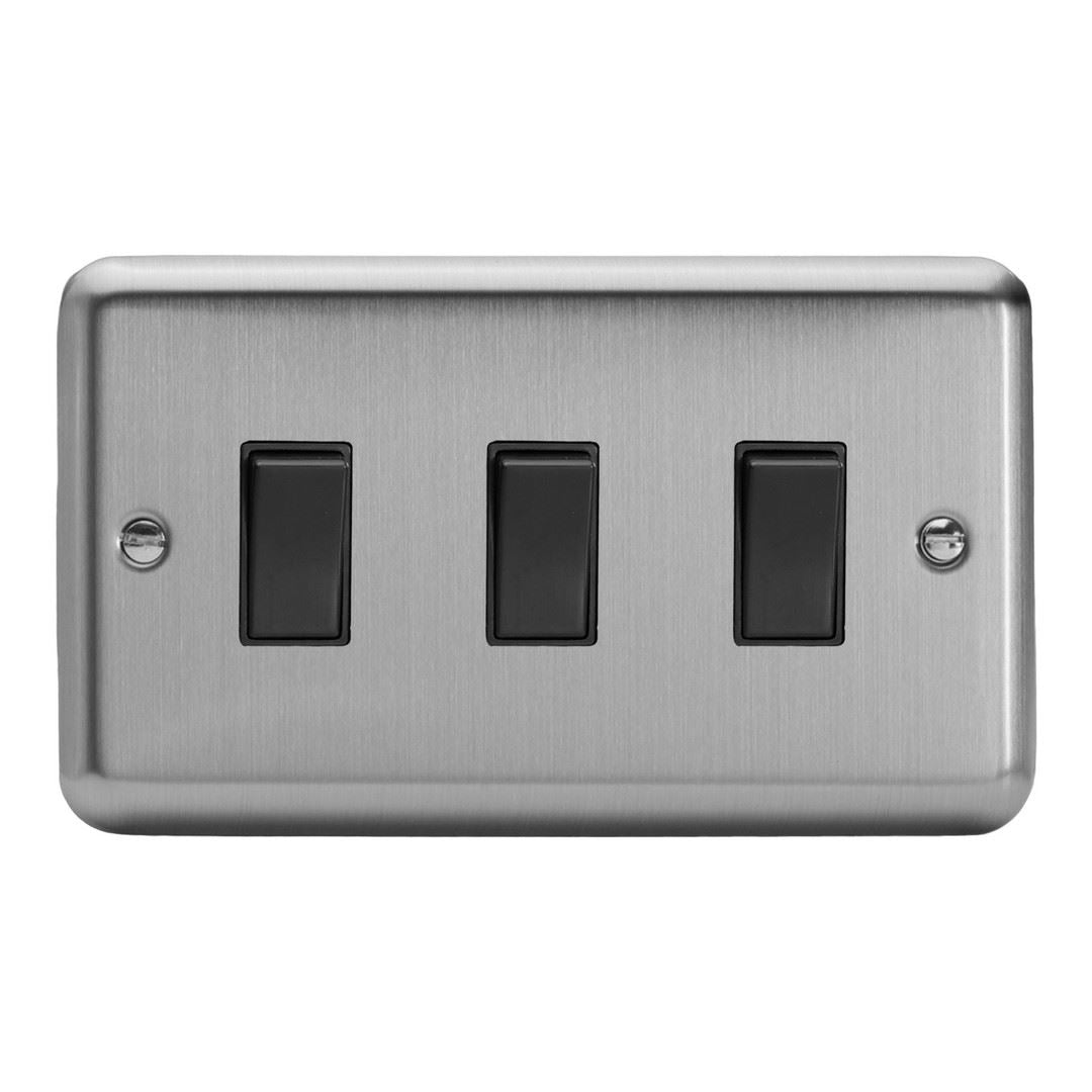 Varilight 3 Gang 1 or 2 Way 10A Rocker Light Switch (Twin Plate) Brushed Matt Chrome XS93B
