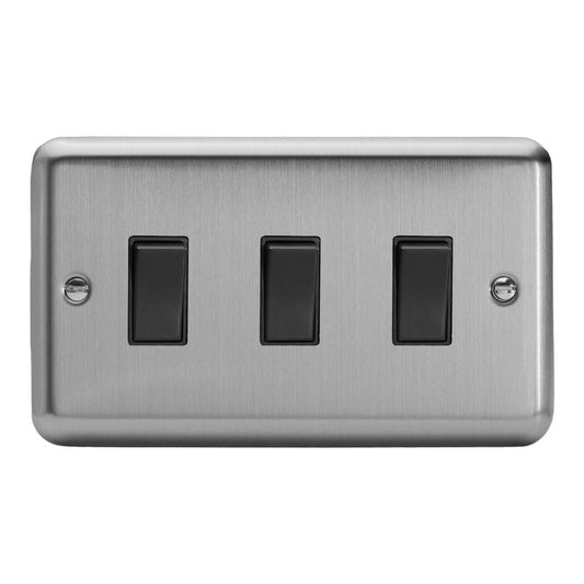 Varilight 3 Gang 1 or 2 Way 10A Rocker Light Switch (Twin Plate) Brushed Matt Chrome XS93B