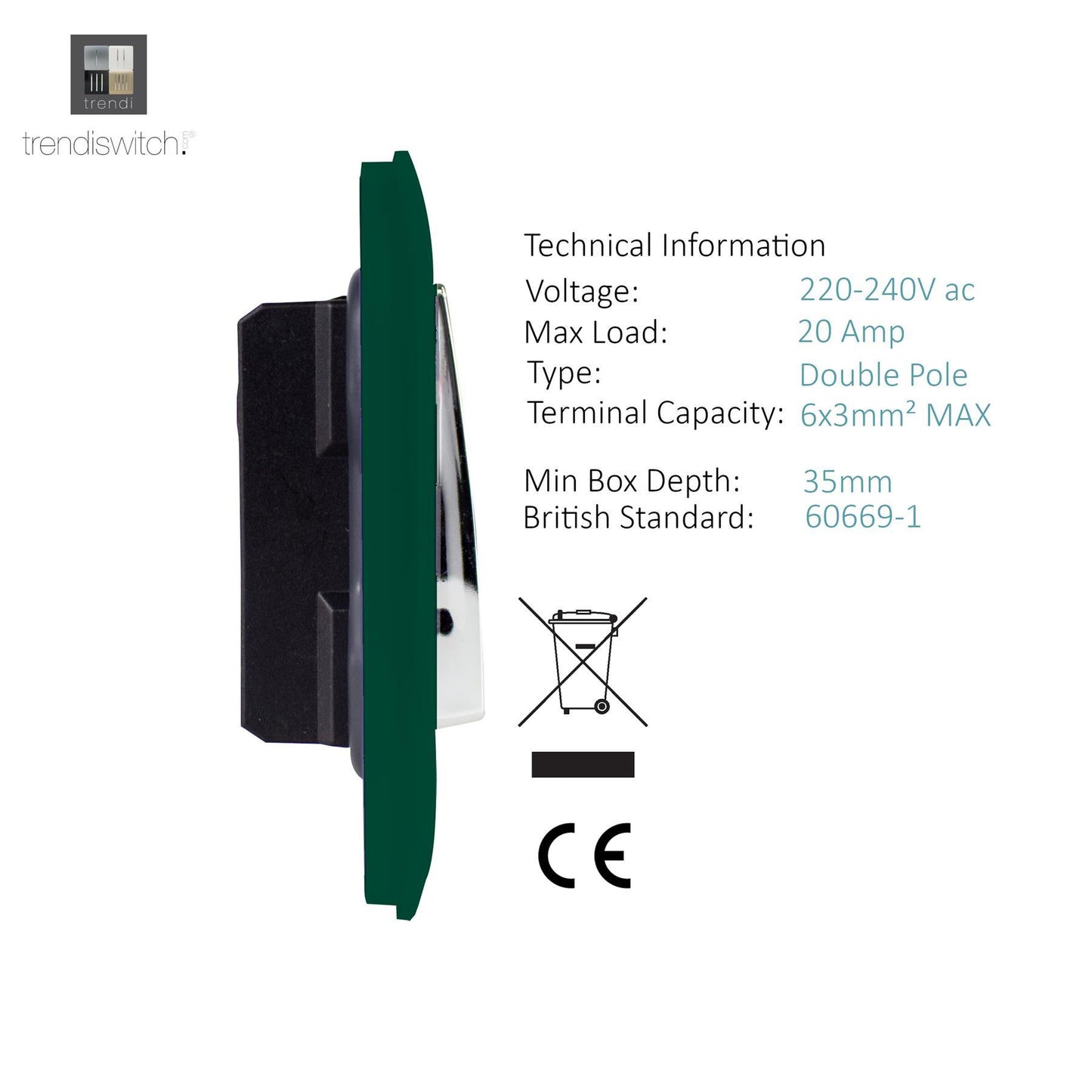 Trendi Artistic Modern Glossy 20 A Tactile Light Switch & Neon Insert Dark Green