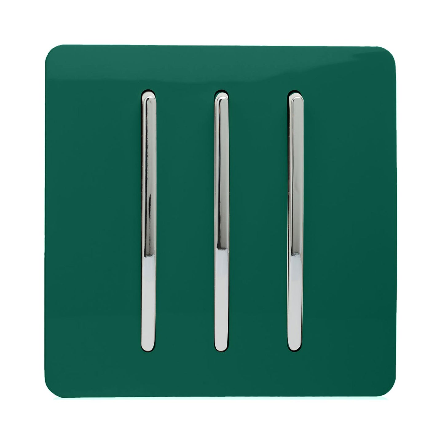 Trendi 3 Gang 2 way 240V Screwless Raised Front Plate Plastic Artistic Modern Glossy 10 Amp Chrome Rocker Triple Electrical Wall Light Switch in Dark Forest Green