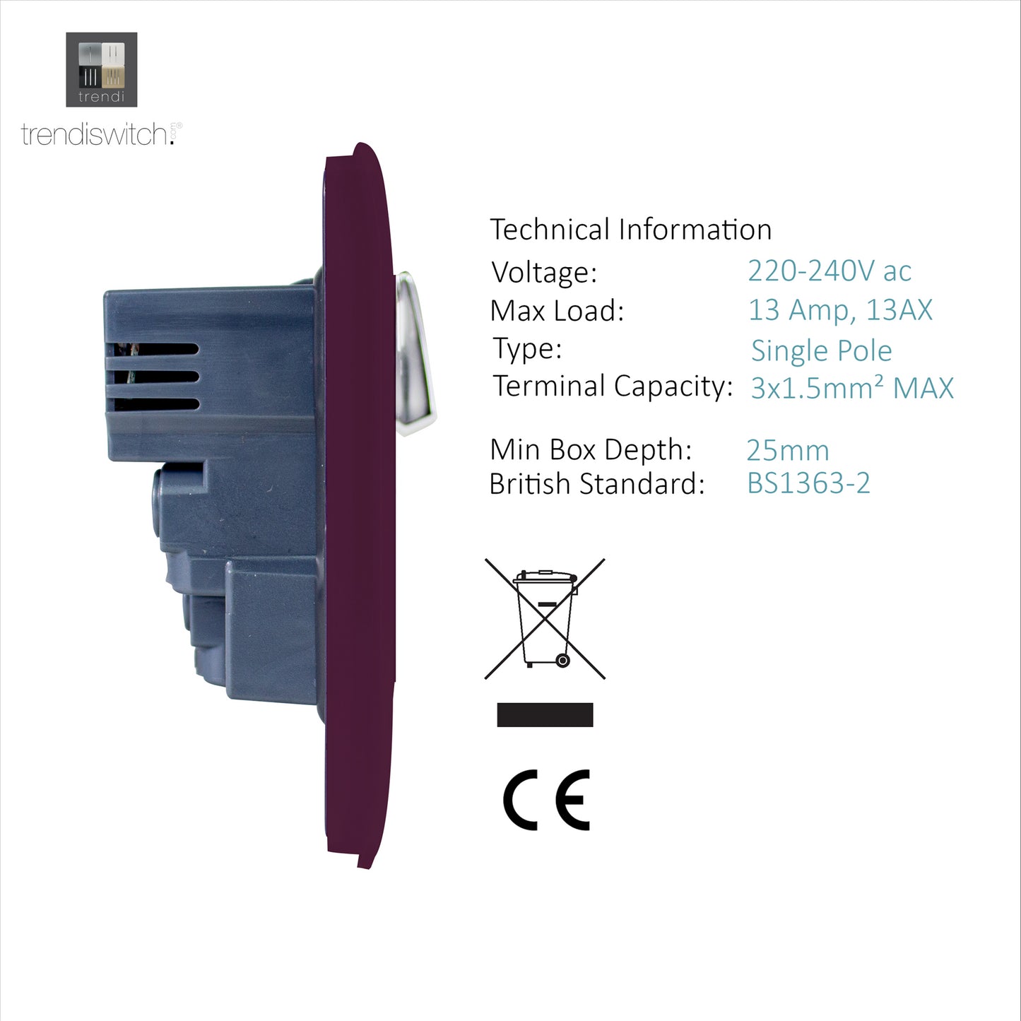 Trendi 1 Gang Artistic Modern Glossy 13 Amp 2x2.1mA USB Switched Tactile Plum