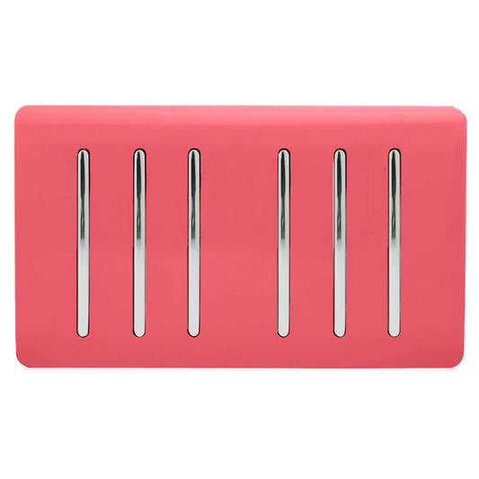 Trendi 6 Gang 2 way 240V Screwless Raised Front Twin Plate Plastic Artistic Modern Glossy 10 Amp Chrome Rocker Quad Electrical Wall Light Switch in Strawberry Red - ART-SS66SB