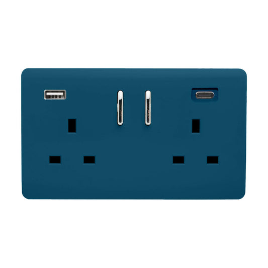 Trendi 2 Gang Artistic Modern Glossy 13 Amp 2 x Type A & C 3.1A USB Switched Plug Socket Midnight Blue