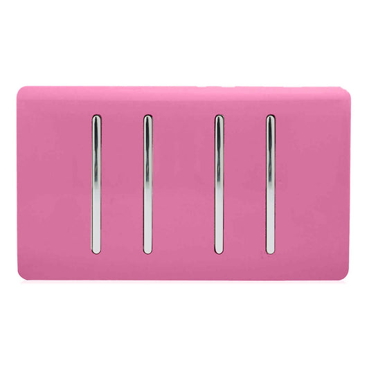 Trendi 4 Gang 2 way 240V Screwless Raised Front Twin Plate Plastic Artistic Modern Glossy 10 Amp Chrome Rocker Quad Electrical Wall Light Switch in Candy Pink- ART-SS44PK