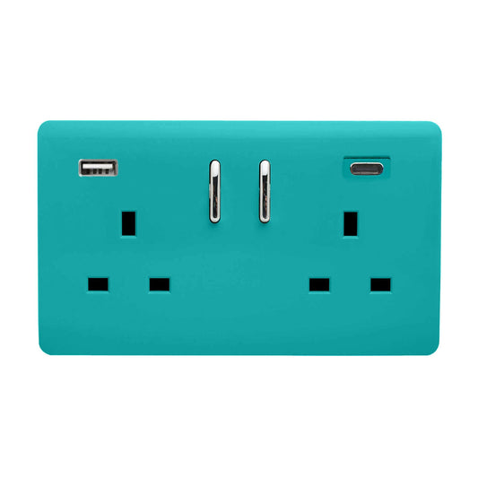 Trendi 2 Gang Artistic Modern Glossy 13 Amp 2 x Type A & C 3.1A USB Switched Plug Socket Bright Teal