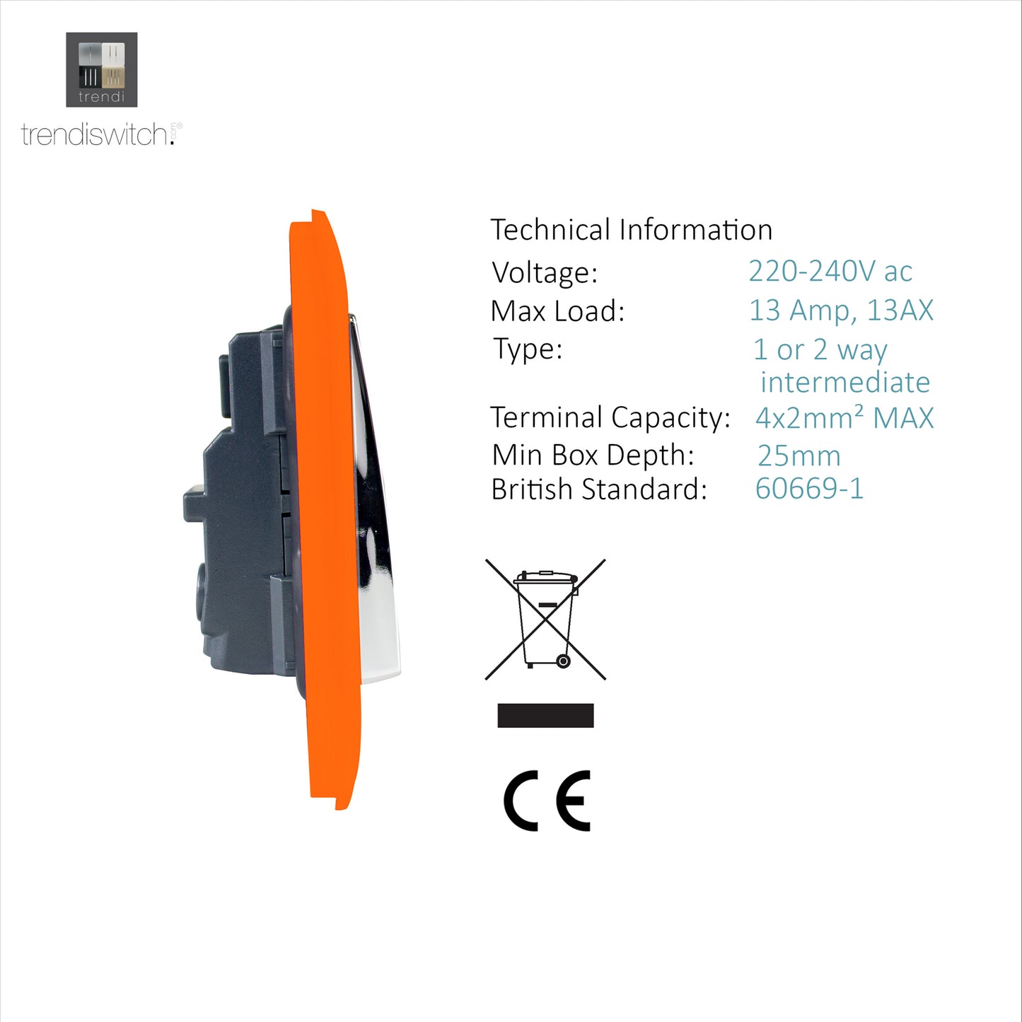 Trendi 2 Gang Raised Artistic Modern Glossy Screwless 13 Amp Single Pole with Chrome Switched UK Standard Electrical Double Wall Plug Socket in Sunset Orange - ART-SKT213LOR