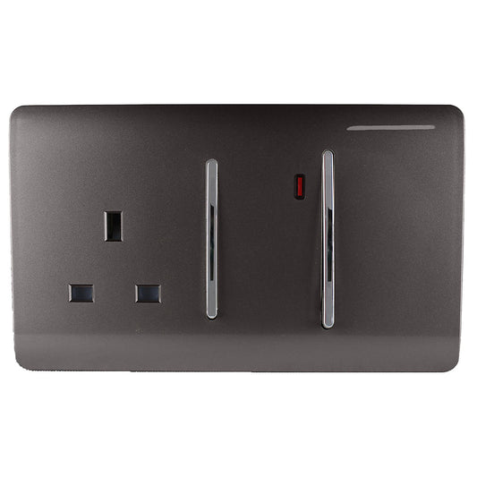 Trendi Switch Screwless Artistic Modern Decorative Glossy 45 A Cooker Switch Control Unit & Single Plug Socket Inc Neon Indicator for Indoor Use in Dark Mocha Brown
