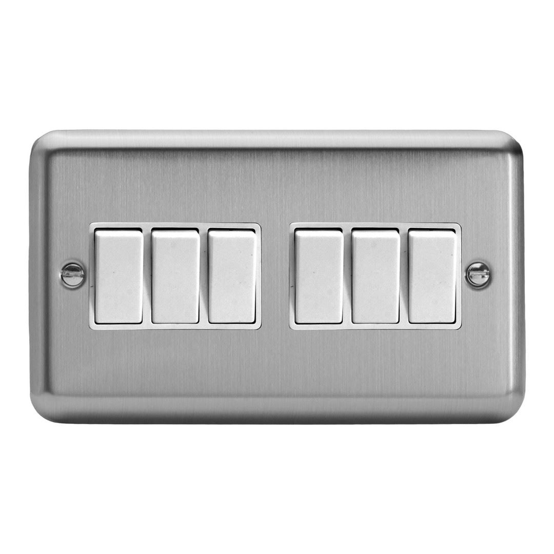 Varilight 6 Gang 1 or 2 Way 10A Rocker Light Switch Brushed Matt Chrome White Insert XS96W