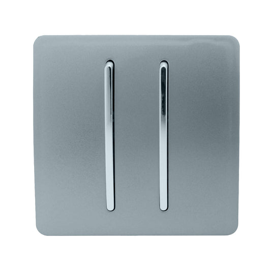 Trendi 2 Gang 3 way (Intermediate) 240V Screwless Raised Front Plate Plastic Artistic Modern Glossy 10 Amp Chrome Rocker Double Electrical Wall Light Switch in Cool Grey