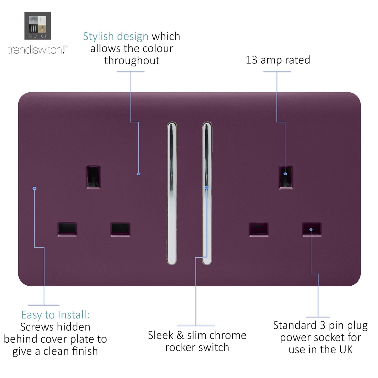 Trendi 2 Gang Artistic Modern Glossy 13 Amp Switched Tactile Plug Socket Plum