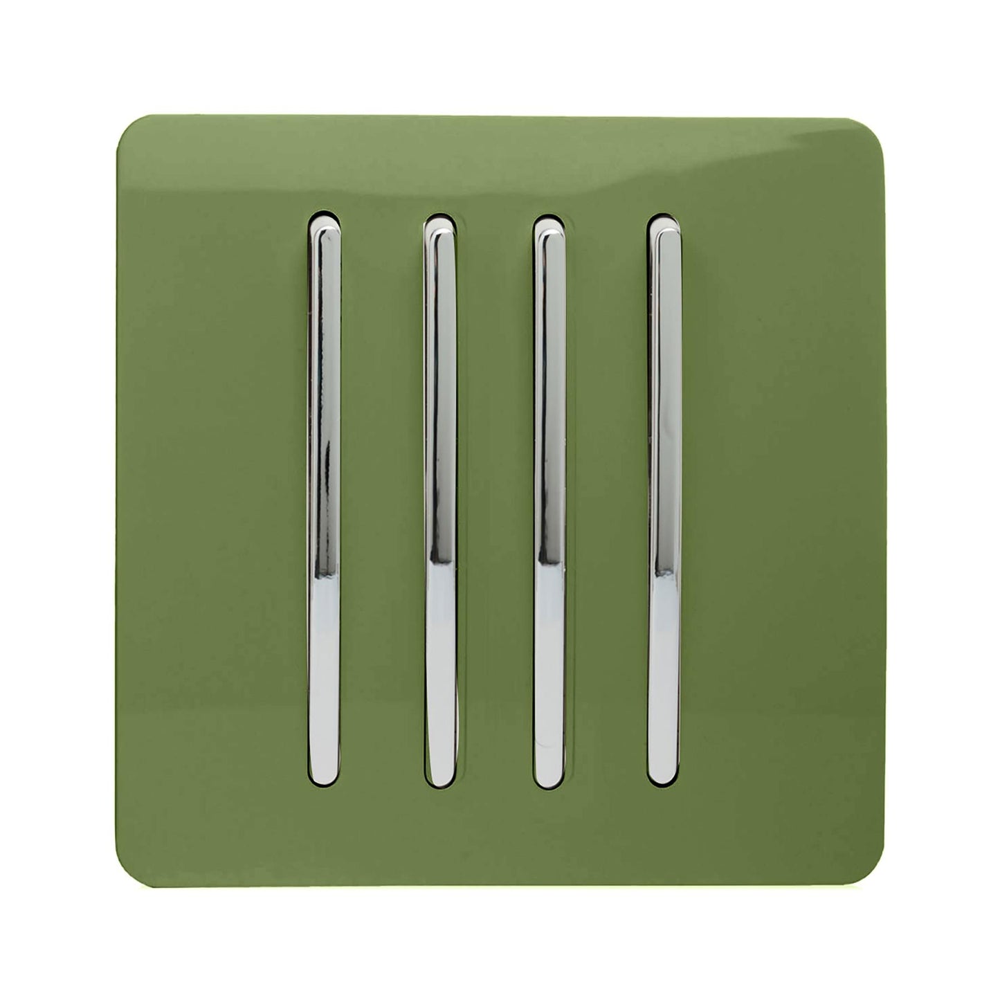 Trendi 4 Gang 2 way 240V Screwless Raised Front Plate Plastic Artistic Modern Glossy 10 Amp Chrome Rocker Quad Electrical Wall Light Switch in Moss Green