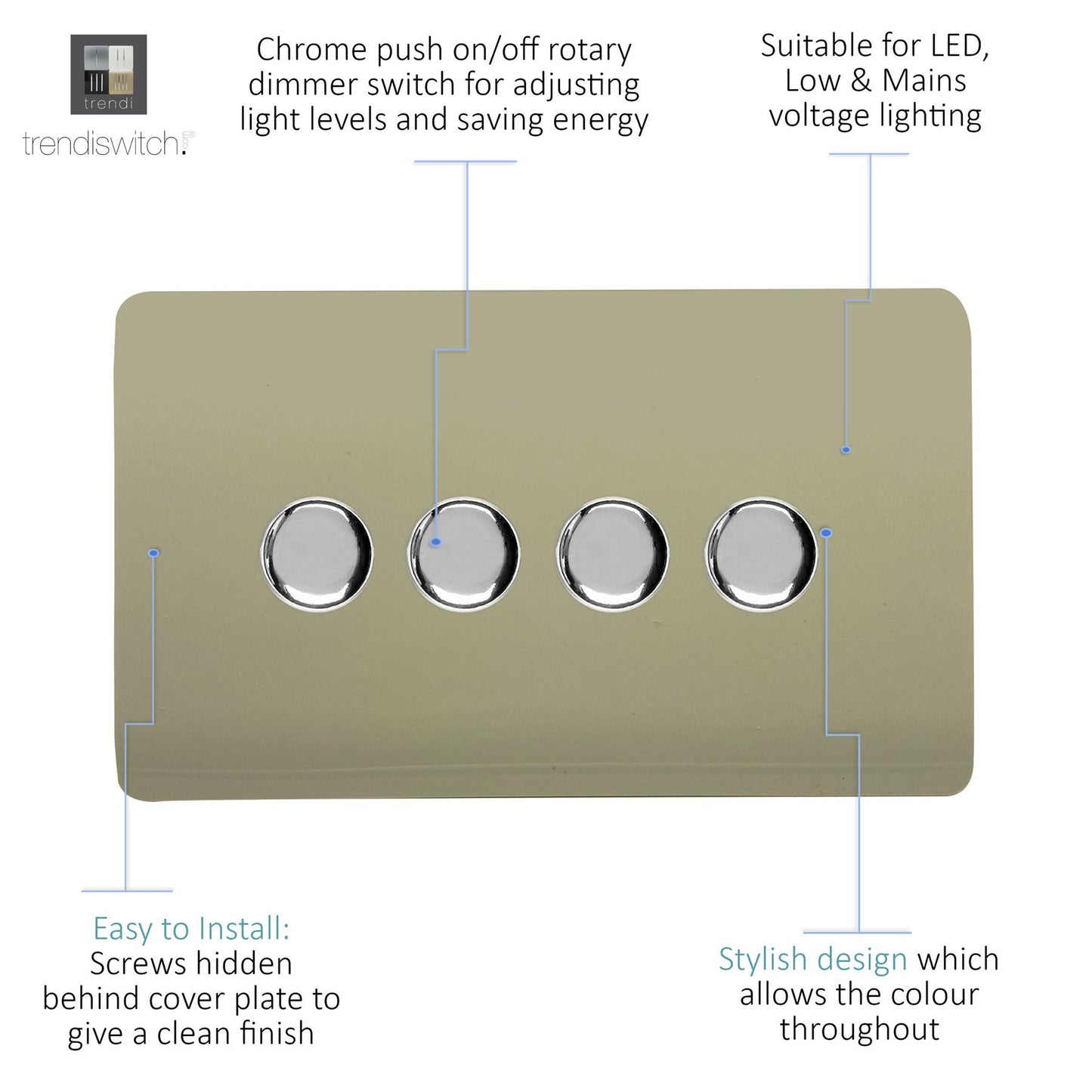 Trendi 4 Gang 2 Way 240V 100w LED Dimmer Screwless Raised Front Plate Plastic Artistic Modern Glossy 10 Amp Chrome Single Electrical Wall Light Switch in Champagne Gold - ART-4LDMGO