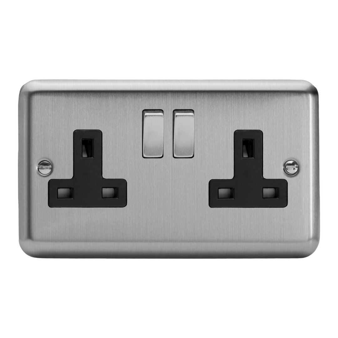 Varilight 2 Gang 13 Amp Switched Electrical Plug Socket Brushed Matt Chrome Dec Switch Black Insert XS5DB
