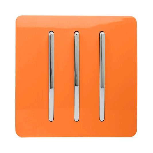 Trendi 3 Gang 2 way 240V Screwless Raised Front Plate Plastic Artistic Modern Glossy 10 Amp Chrome Rocker Triple Electrical Wall Light Switch in Sunset Orange