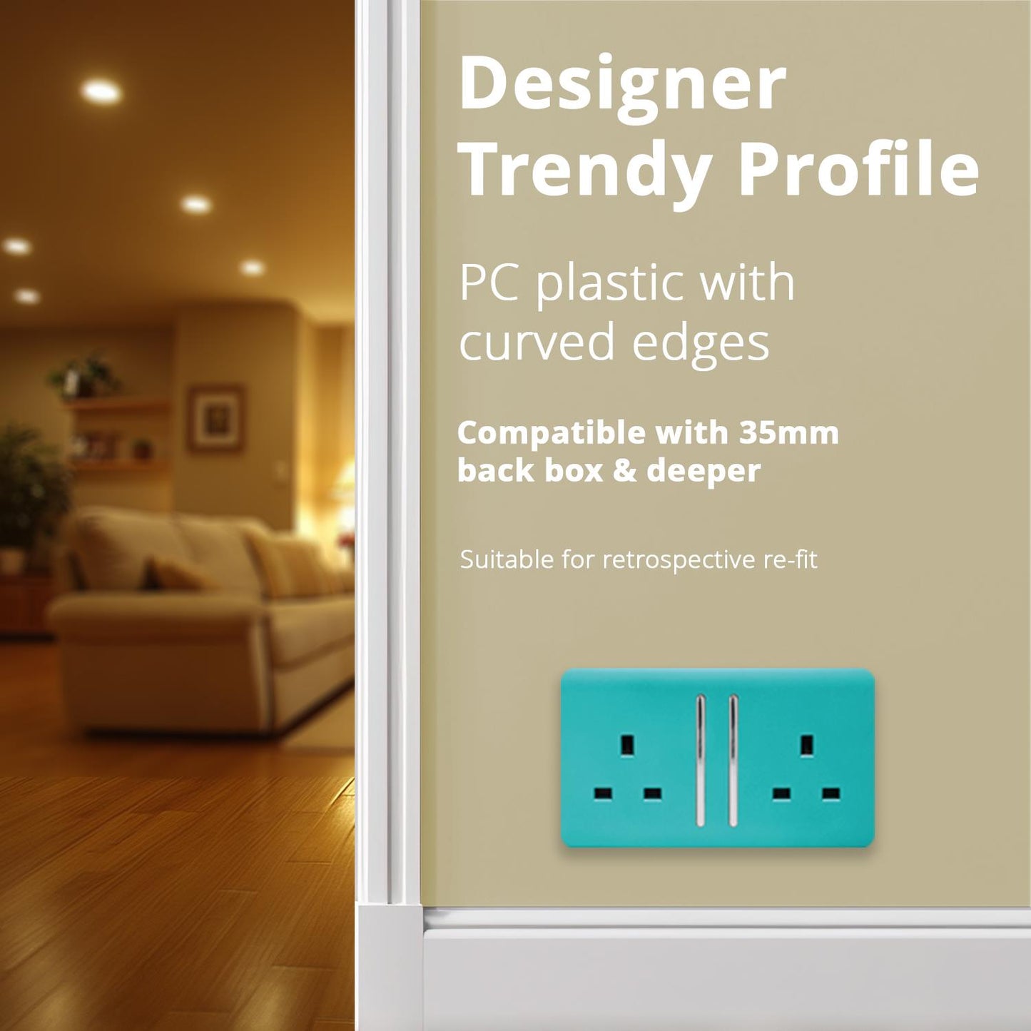 Trendi 2 Gang Artistic Modern Glossy 13 Amp Switched Tactile Plug Socket Bright Teal