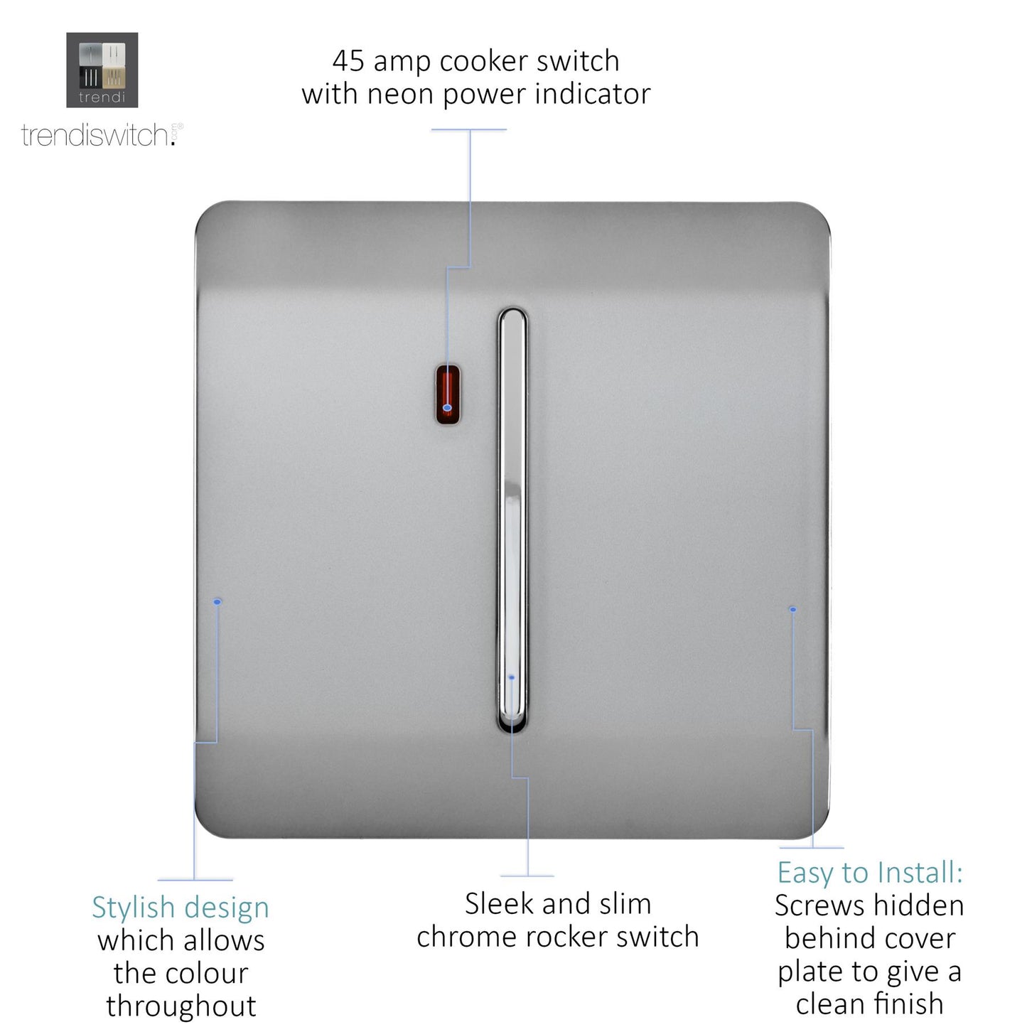 Trendi Artistic Modern Glossy 45 A Tactile Light Switch & Neon Insert Stainless Steel