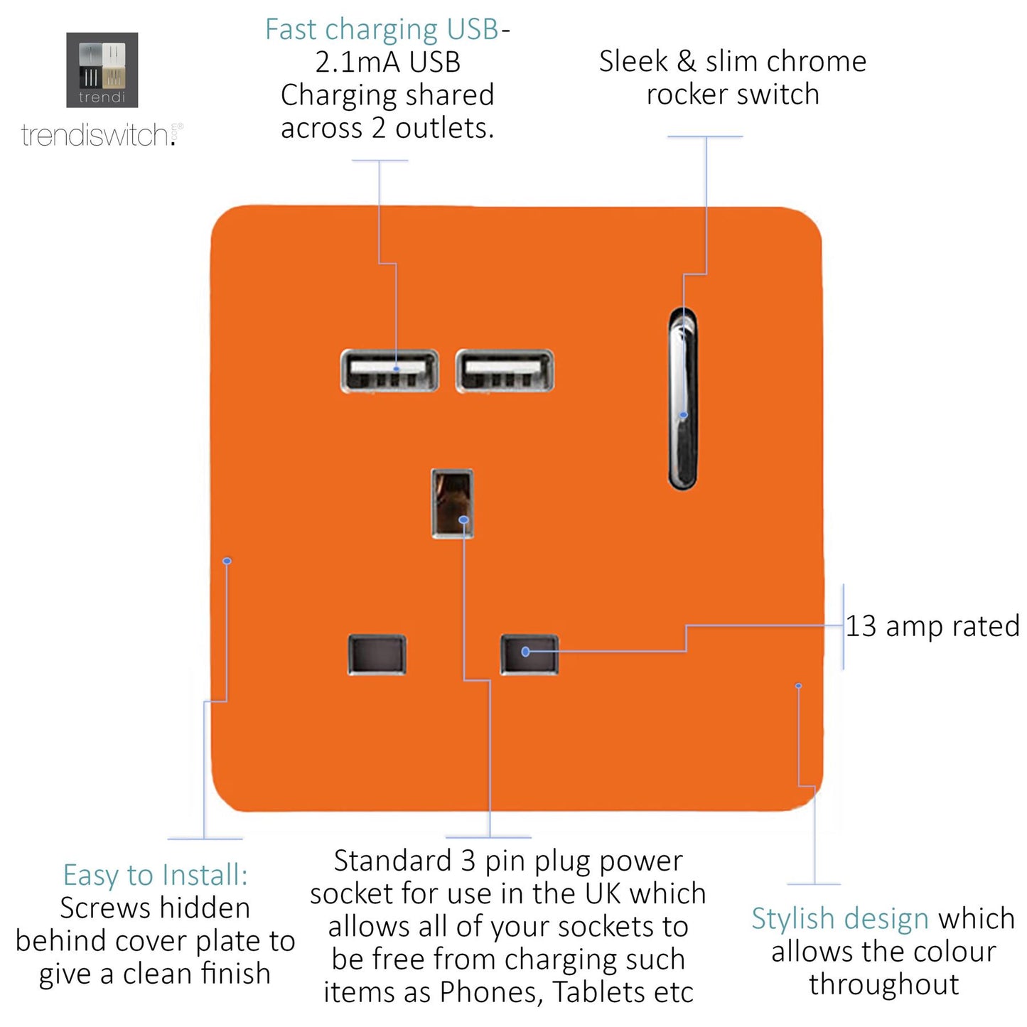 Trendi 1 Gang Artistic Modern Glossy 13 Amp 2x2.1mA USB Switched Tactile Orange