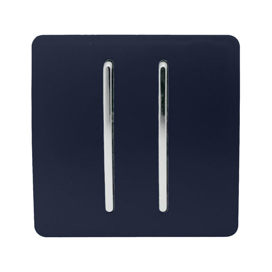 Trendi 2 Gang 3 way (Intermediate) 240V Screwless Raised Front Plate Plastic Artistic Modern Glossy 10 Amp Chrome Rocker Double Electrical Wall Light Switch in Navy Blue