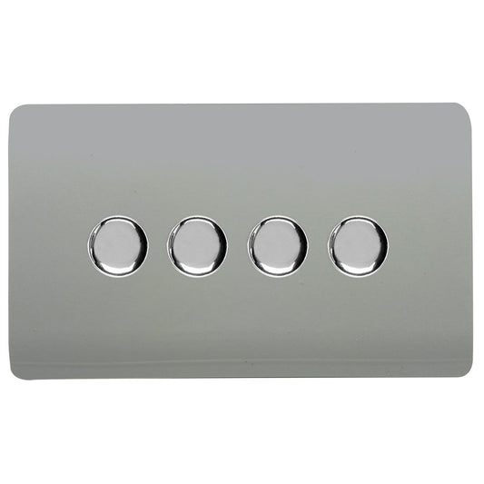 Trendi 4 Gang 2 Way 240V 100w LED Dimmer Screwless Raised Front Plate Plastic Artistic Modern Glossy 10 Amp Chrome Single Electrical Wall Light Switch in Platinum Silver - ART-4LDMSI