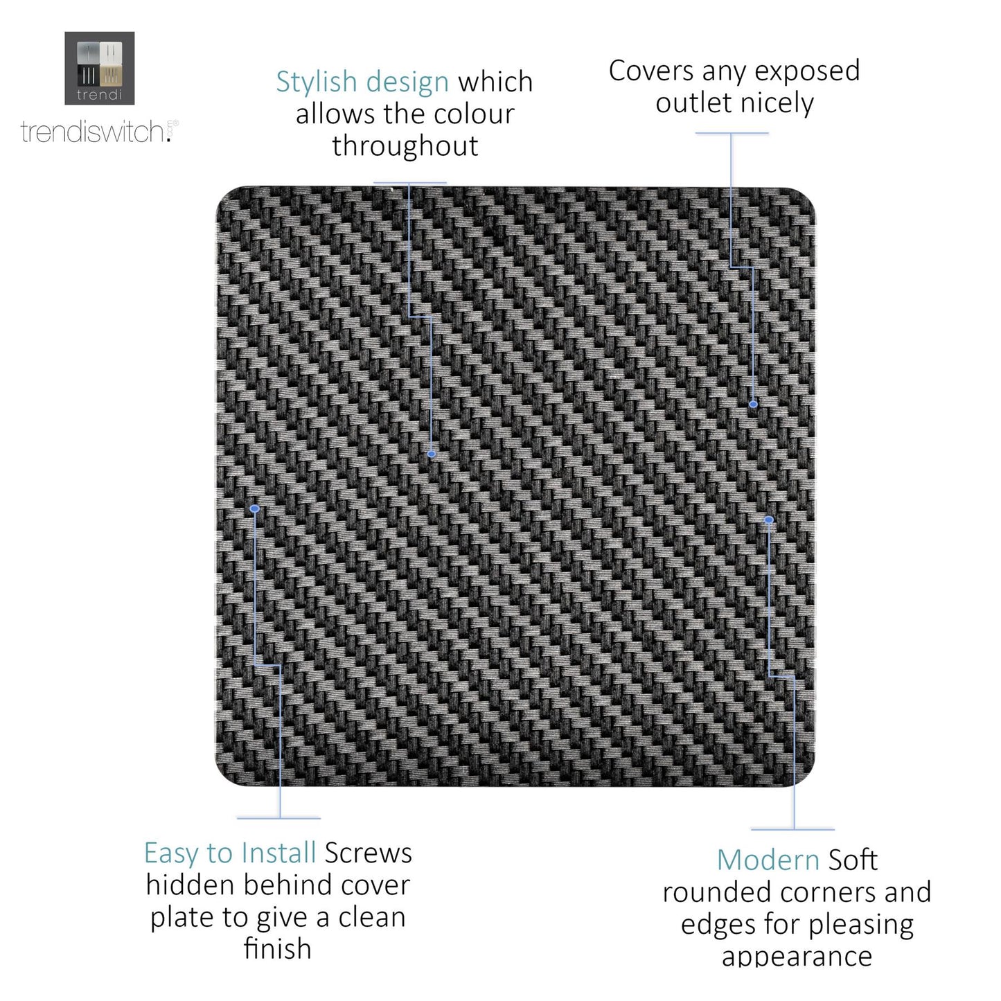 Trendi Switch Artistic Modern Glossy Decorative Screwless Standard Single Wall Blanking Plate for Electrical Sockets, Outlet with Screws in Carbon Fibre - ART-BLKCF