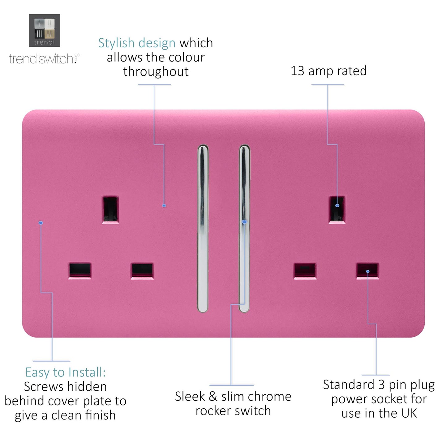 Trendi 2 Gang Artistic Modern Glossy 13 Amp Switched Tactile Plug Socket Pink
