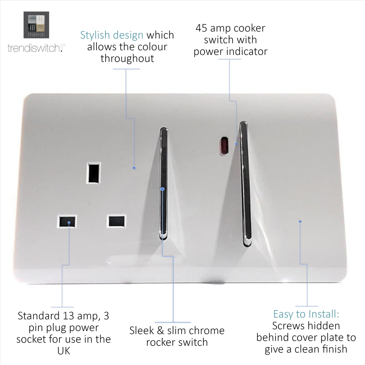 Trendi Artistic Modern 45 A Cooker Switch Inc Plug Socket & Neon Insert White