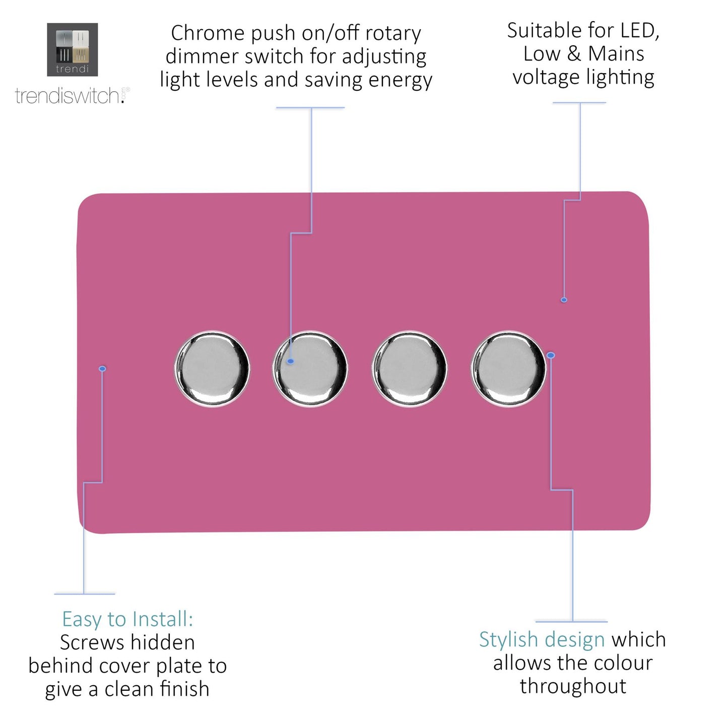 Trendi 4 Gang 2 Way 240V 100w LED Dimmer Screwless Raised Front Plate Plastic Artistic Modern Glossy 10 Amp Chrome Single Electrical Wall Light Switch in Candy Pink - ART-4LDMPK