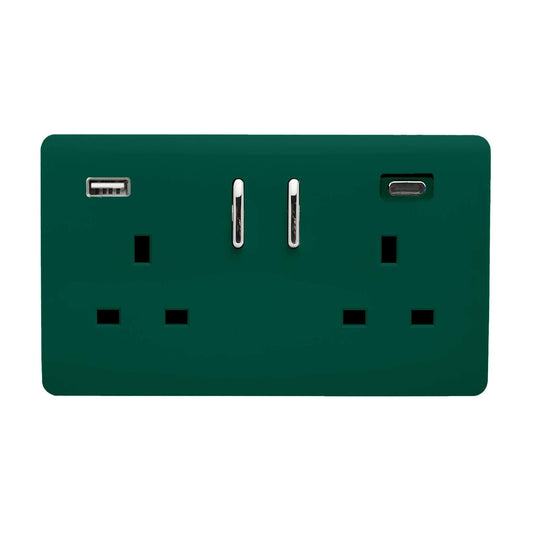 Trendi 2 Gang Artistic Modern Glossy 13 Amp 2 x Type A & C 3.1A USB Switched Plug Socket Dark Forest Green
