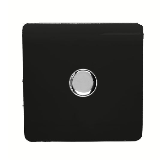 Trendi 1 Gang 2 Way 240V 150w LED Dimmer Screwless Raised Front Plate Plastic Artistic Modern Glossy 10 Amp Chrome Single Electrical Wall Light Switch in Piano Black - ART-LDMBK