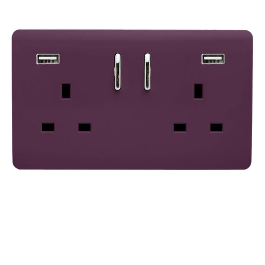 Trendi 2 Gang Artistic Modern Glossy 13 Amp 2 x 3.1mA USB Switched Plug Socket Plum