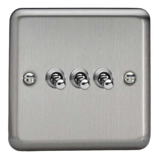 Varilight 3 Gang 10A 1 or 2 Way Dolly Toggle Light Switch Brushed Matt Chrome Finish XST3