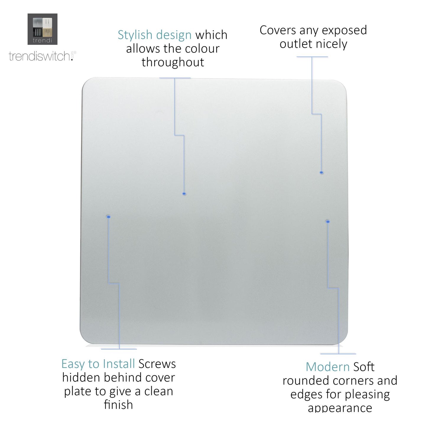 Trendi Switch Artistic Modern Glossy Decorative Screwless Standard Single Wall Blanking Plate for Electrical Sockets, Outlet with Screws in Platinum Silver - ART-BLKSI